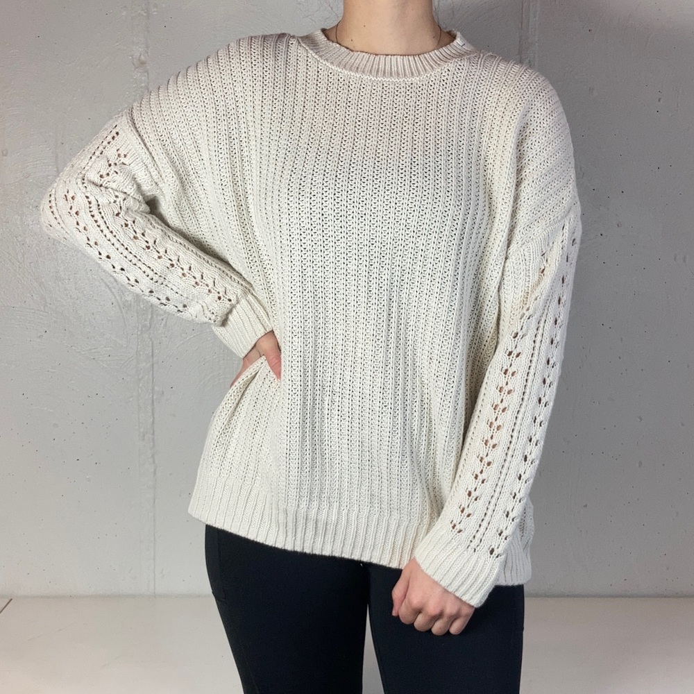 American Eagle Dainty White Knit Crewneck Eyelet Sleeve Sweater